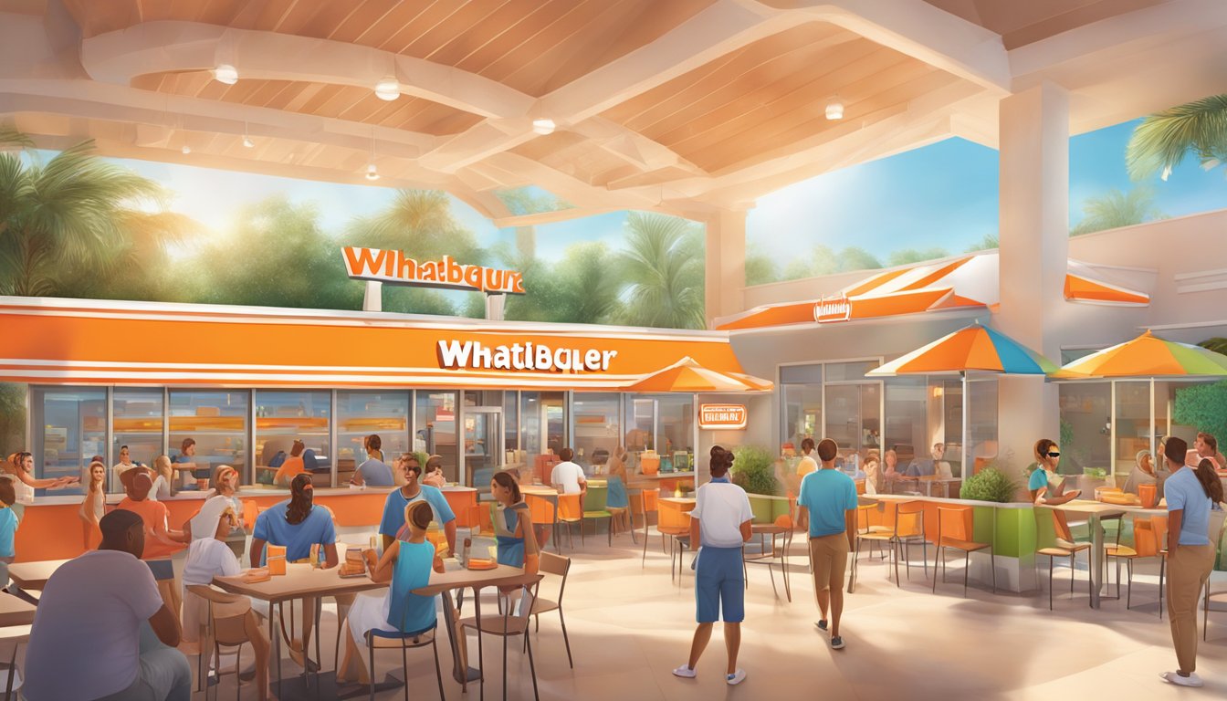 A vibrant WhatABurger restaurant with a colorful sign and logo, surrounded by happy customers enjoying promotions and rewards