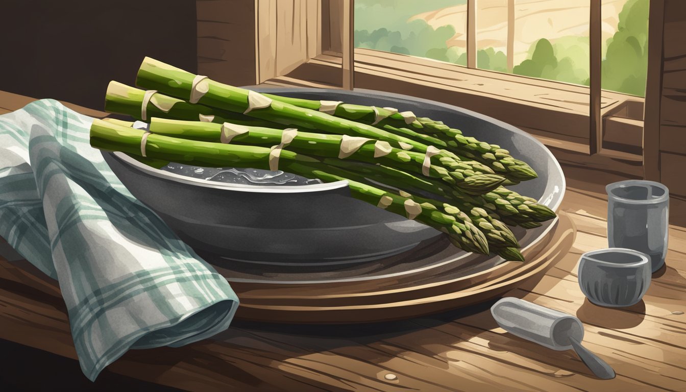 Fresh asparagus bundled in a rustic kitchen setting, with a bowl of water and a damp cloth for preservation