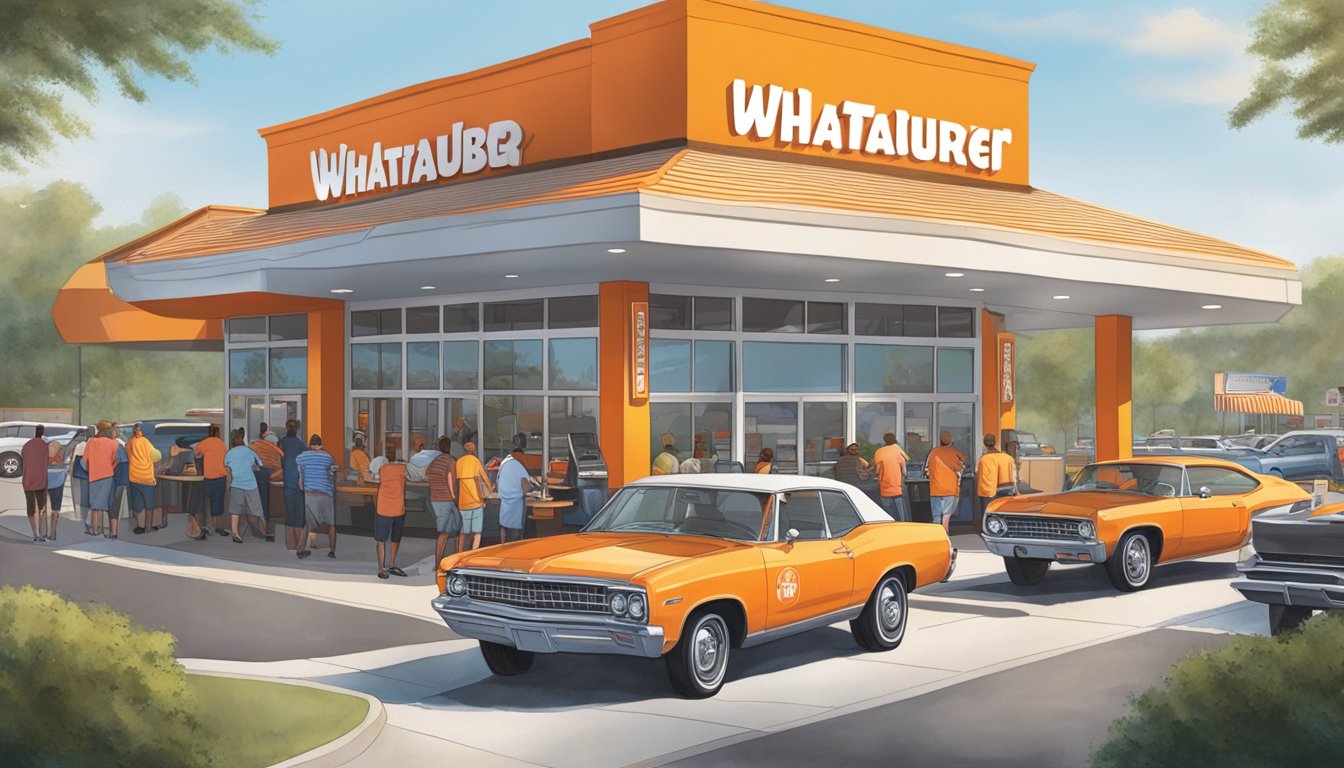 The Whataburger in Kennesaw is bustling with customers during its operational hours, with cars lined up at the drive-thru and a steady stream of people entering and exiting the restaurant