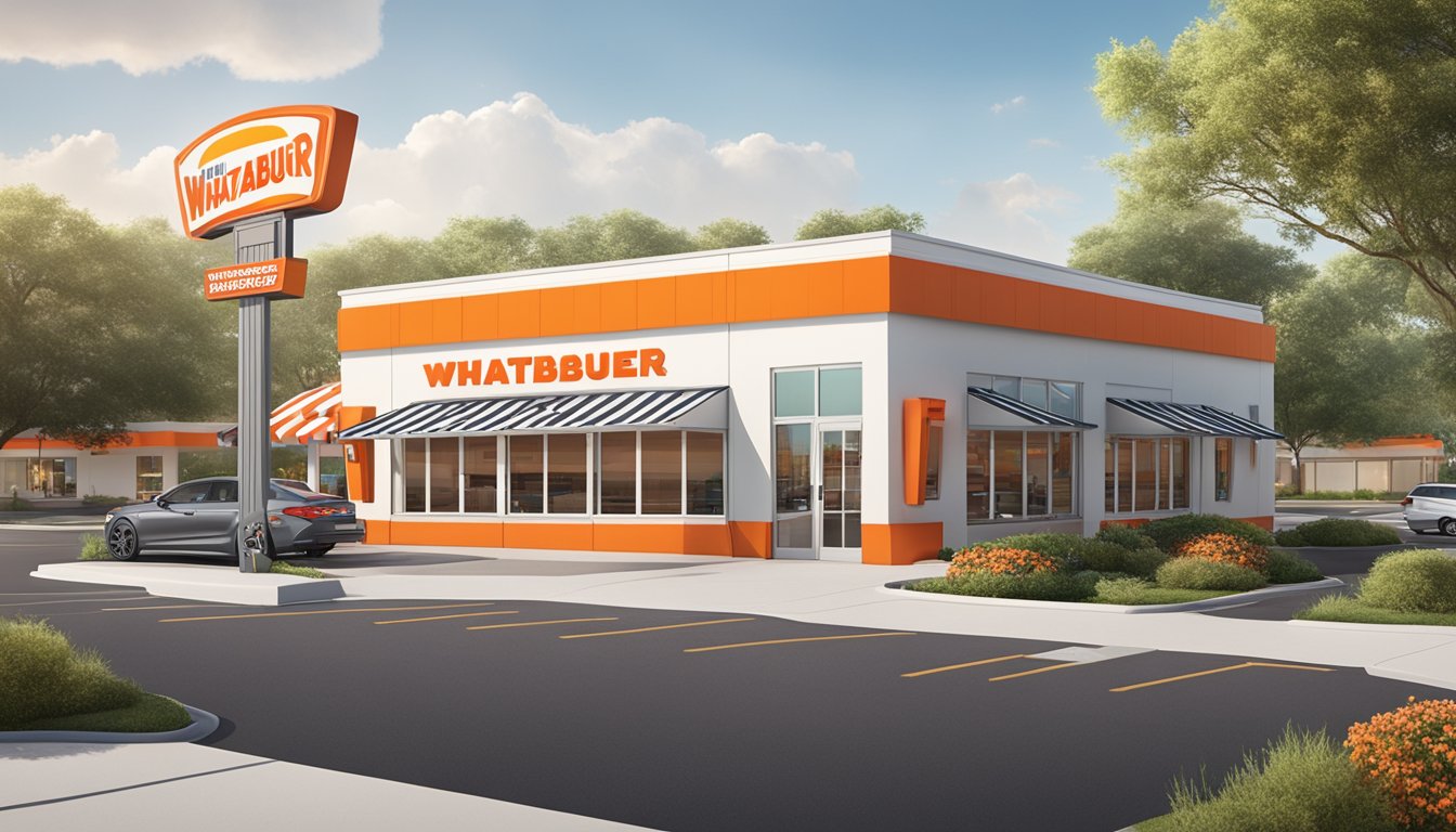 A Whataburger store with a drive-thru, outdoor seating, and a red and white striped roof, surrounded by a parking lot and landscaping