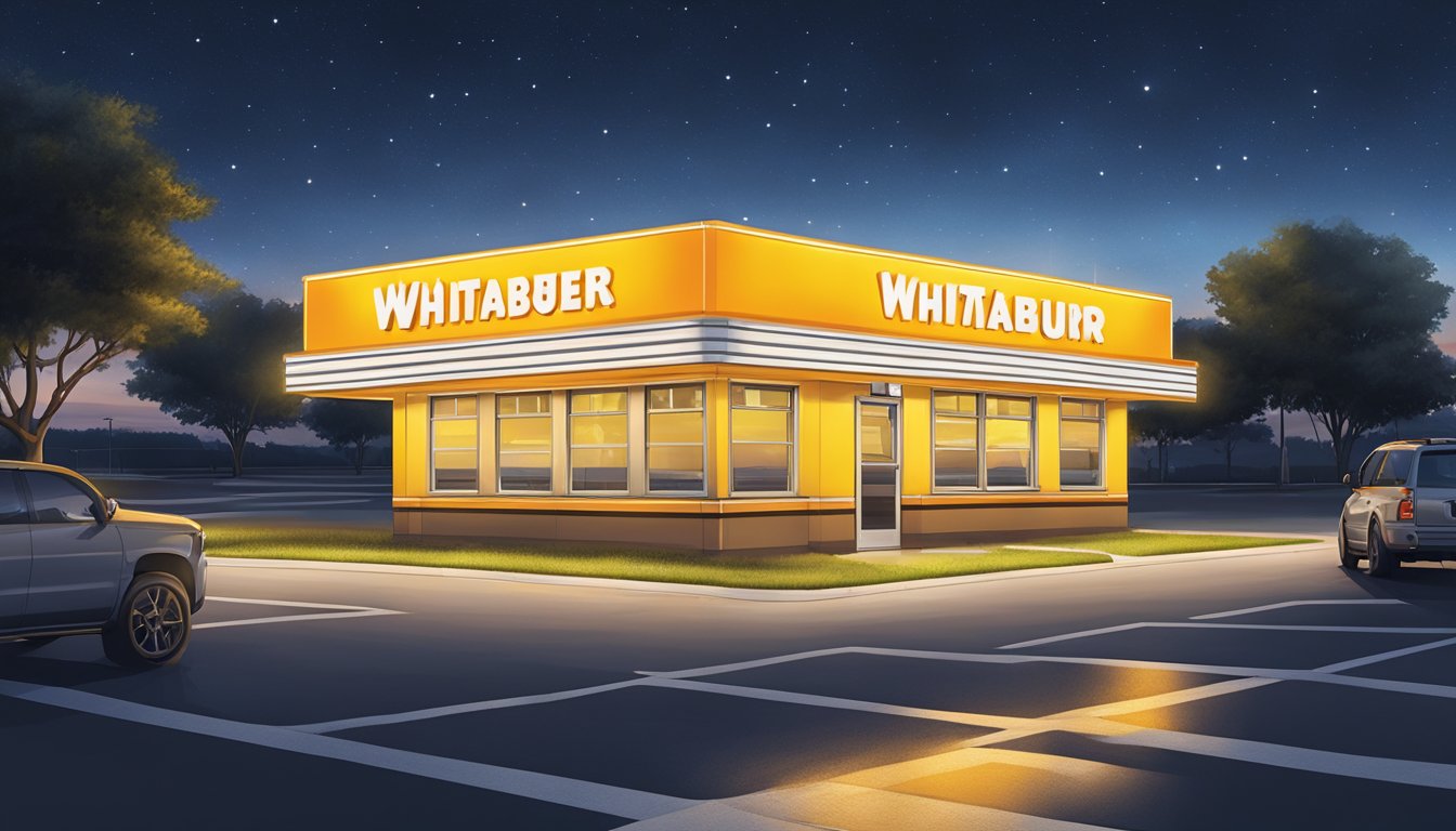 The bright yellow Whataburger sign illuminates the night sky, casting a warm glow on the empty drive-thru and parking lot