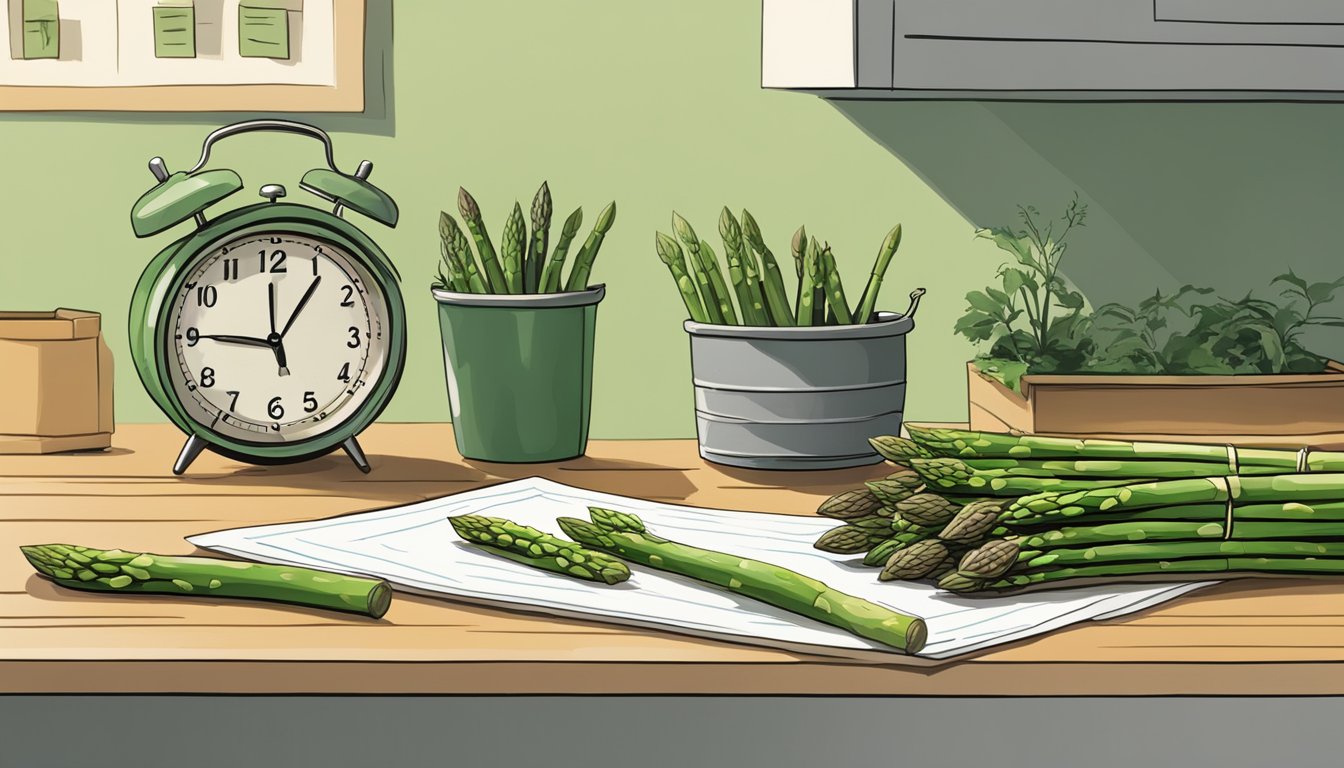 Fresh asparagus on a kitchen counter, next to a calendar and a clock. A few spears are starting to wilt