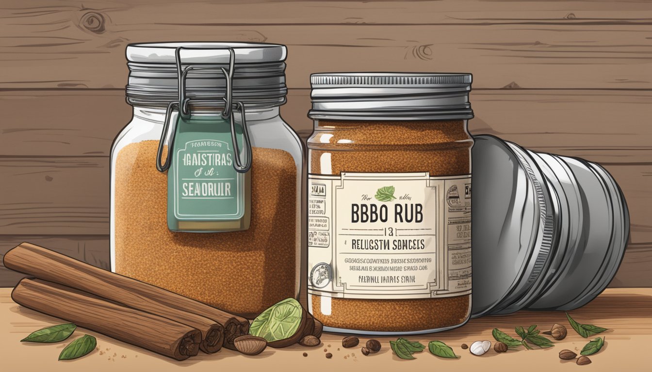 A jar of BBQ rub sits on a shelf, surrounded by various spices and seasonings. The label is faded, indicating frequent use