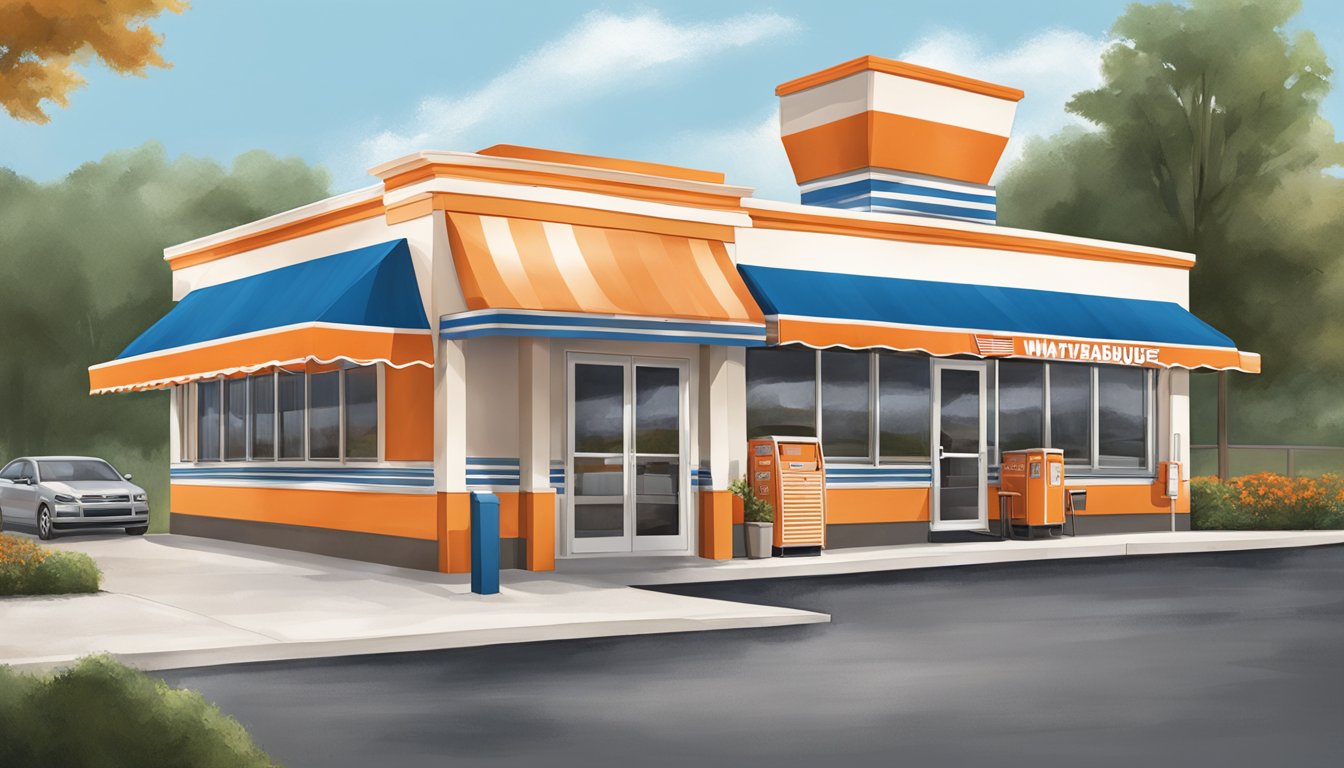 A Whataburger restaurant in Kennesaw, with a drive-thru, outdoor seating, and the iconic orange and white striped awning