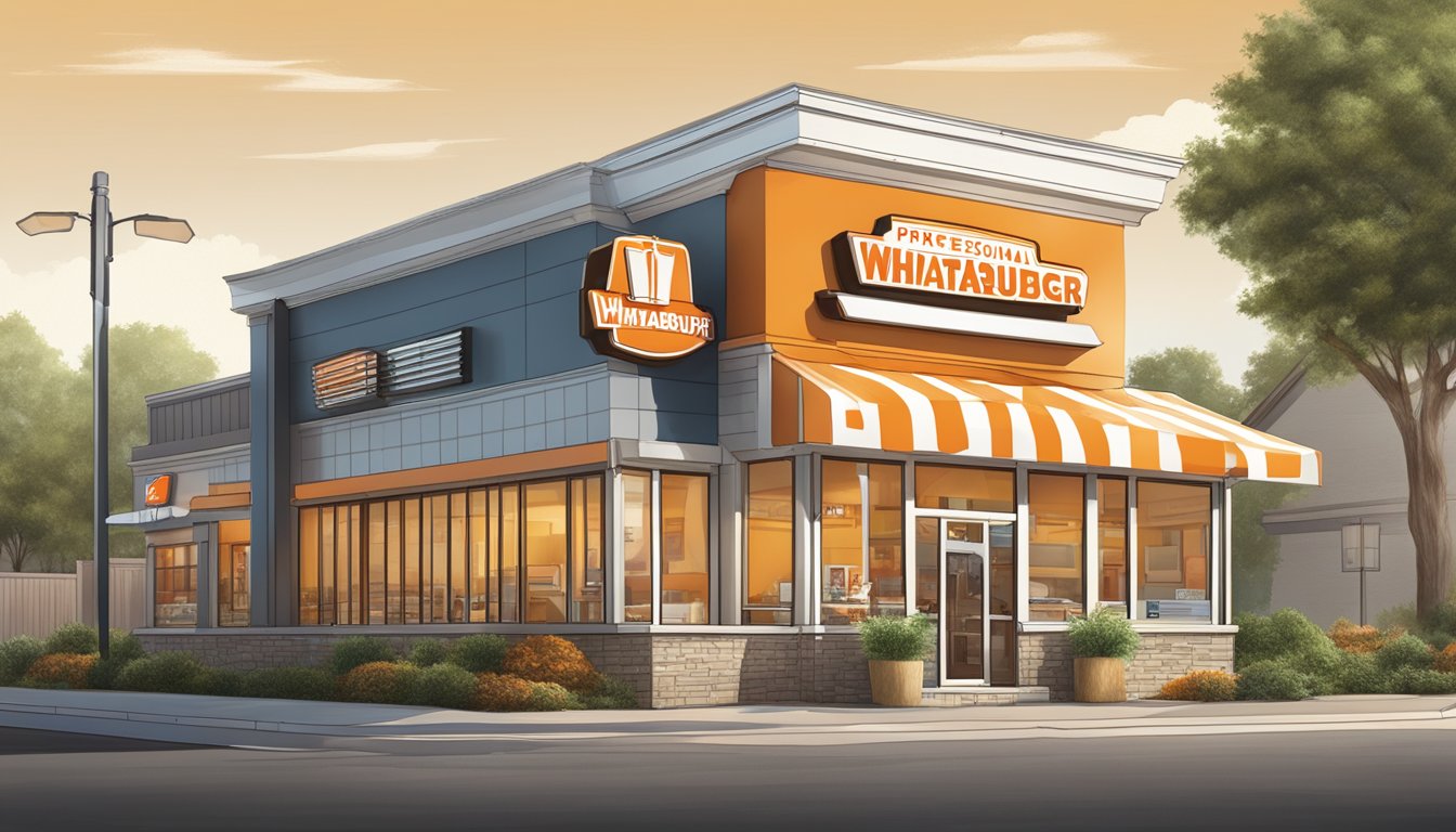 A Whataburger restaurant with a clock showing community hours