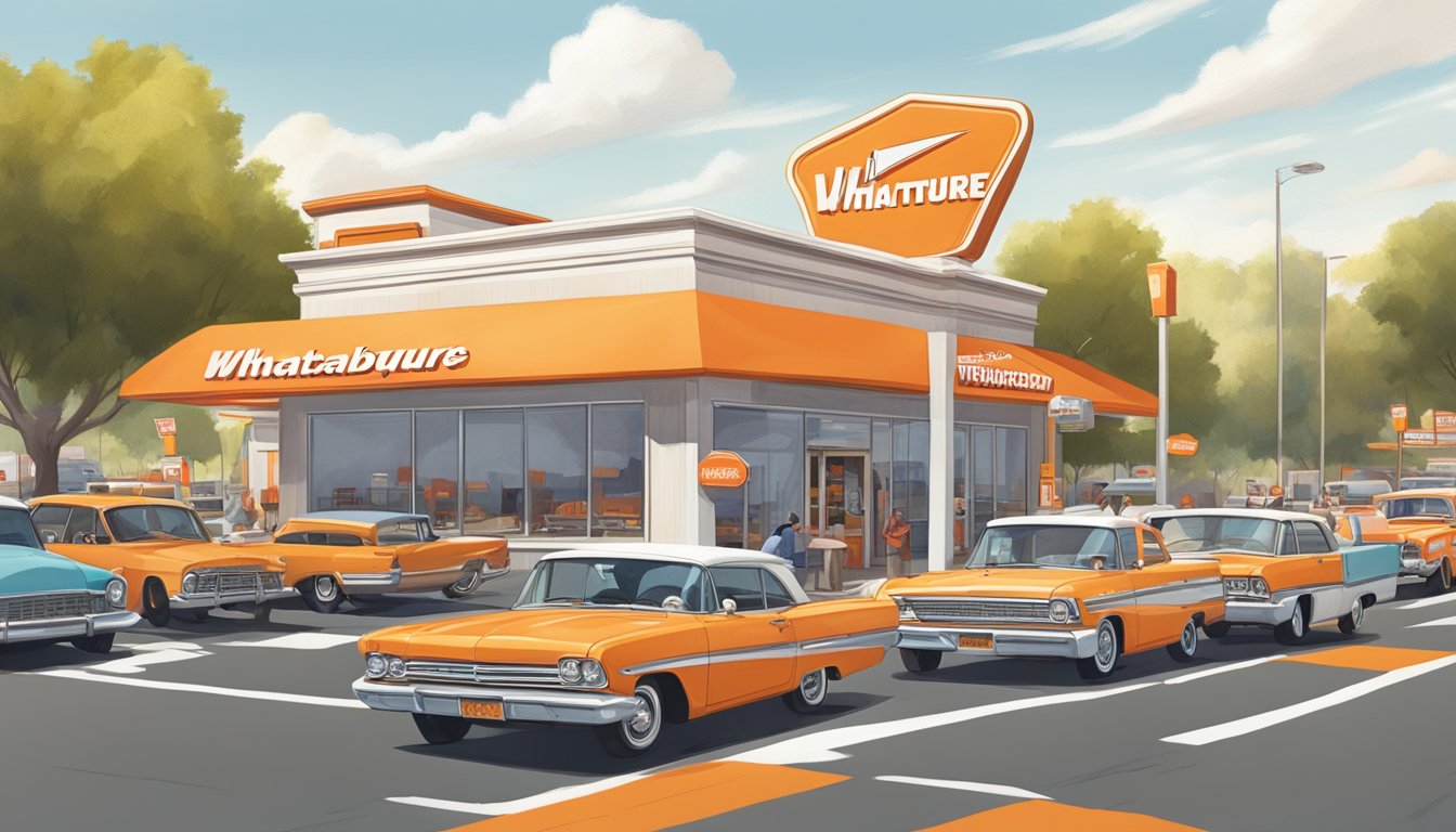 A bustling Whataburger restaurant surrounded by a busy street, with cars coming and going, and a bright, inviting sign