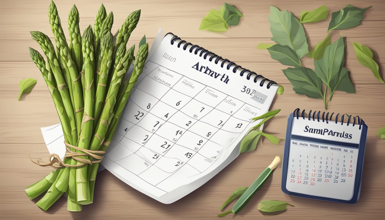 Fresh asparagus next to a wilted bunch. A calendar with the date crossed out in the background