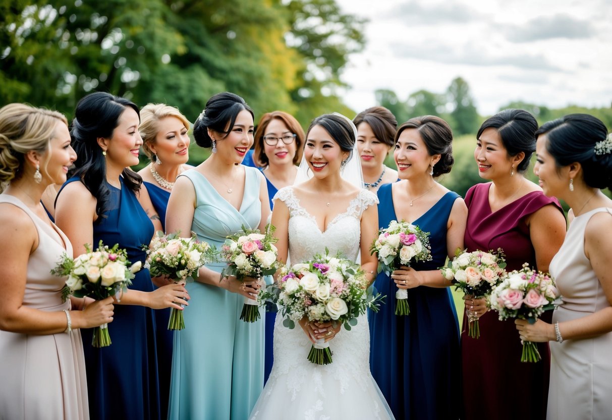 A group of women gathered around a bride, each holding a bouquet of flowers, as she chooses her maid of honor