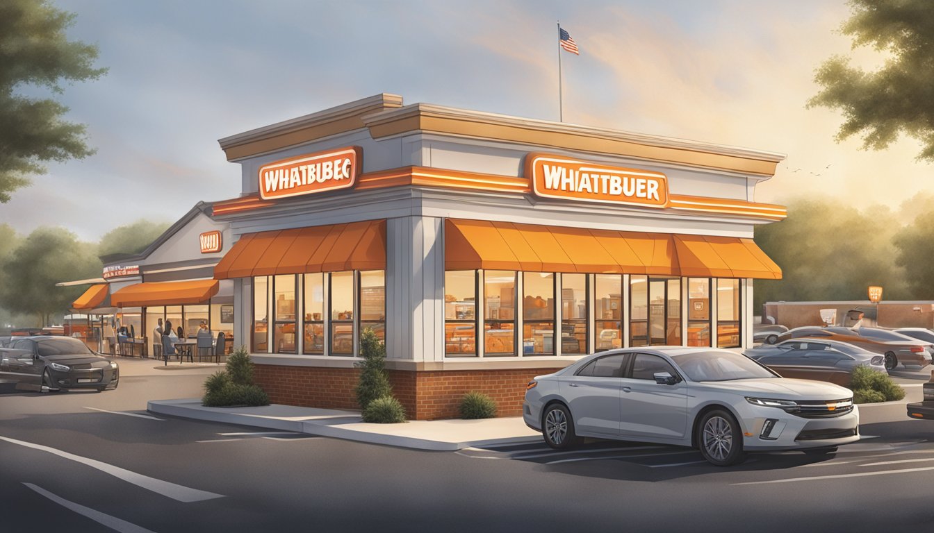 A bustling Whataburger in Kennesaw, with a drive-thru line wrapped around the building and customers dining on the outdoor patio