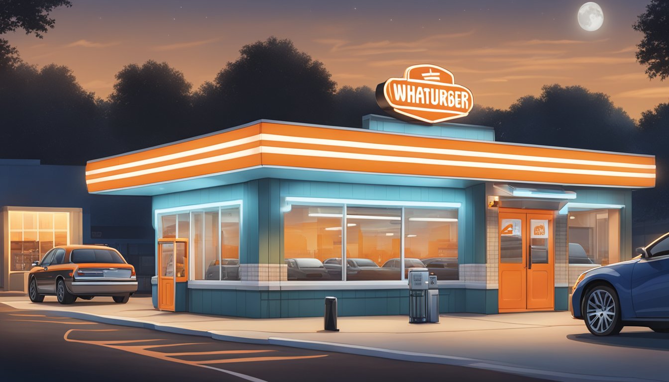 The Whataburger storefront at night, with a glowing "Additional Services" sign and a few cars in the drive-thru