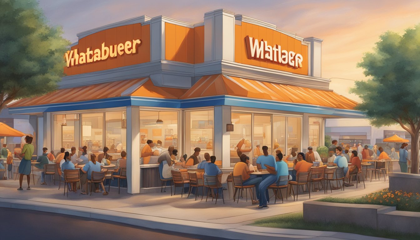 A bustling scene outside a Whataburger, with people enjoying meals at outdoor tables and a steady stream of customers entering and exiting the restaurant