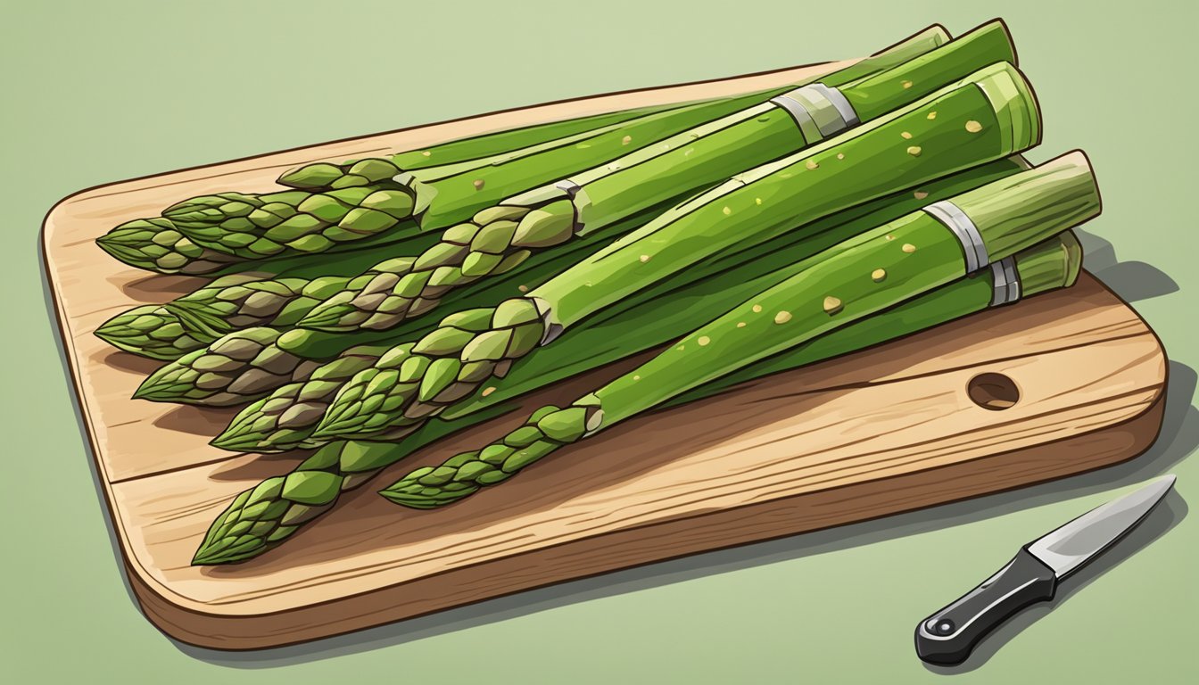 Fresh asparagus arranged on a cutting board, with a knife and a container for storage nearby