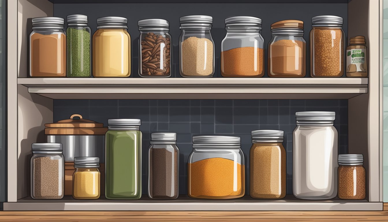 A jar of barbecue rub sits on a shelf next to other spices and condiments in a well-organized pantry