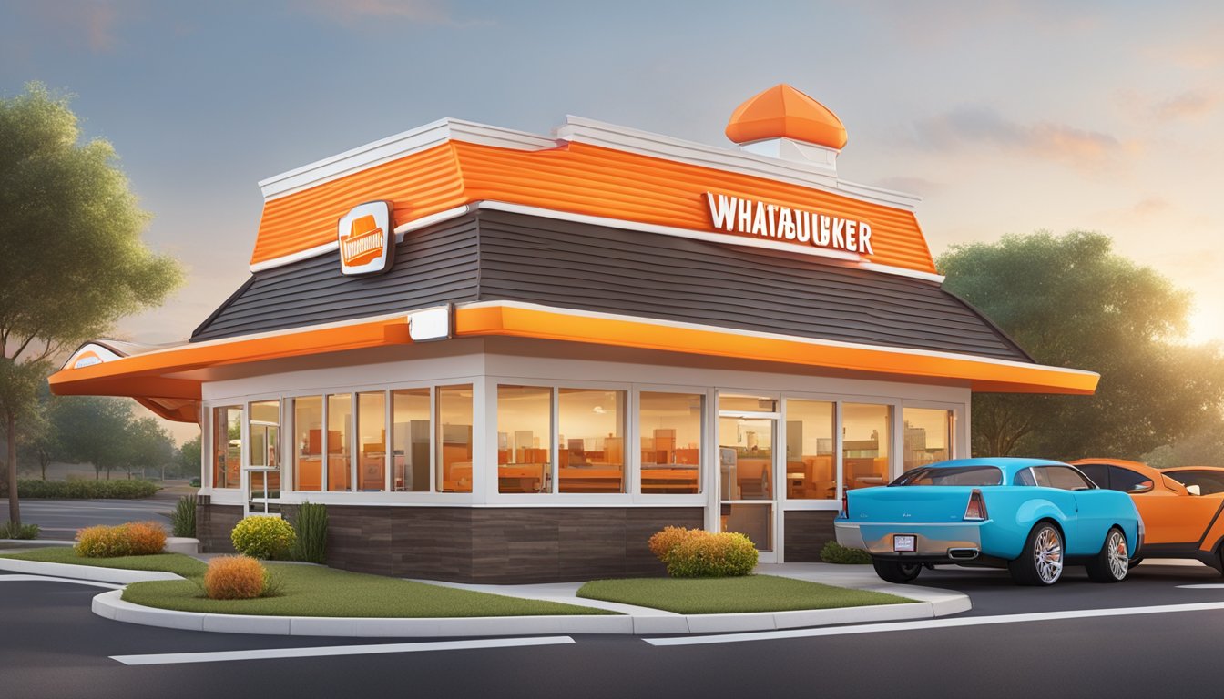 A Whataburger restaurant with a drive-thru, outdoor seating, and a colorful logo sign