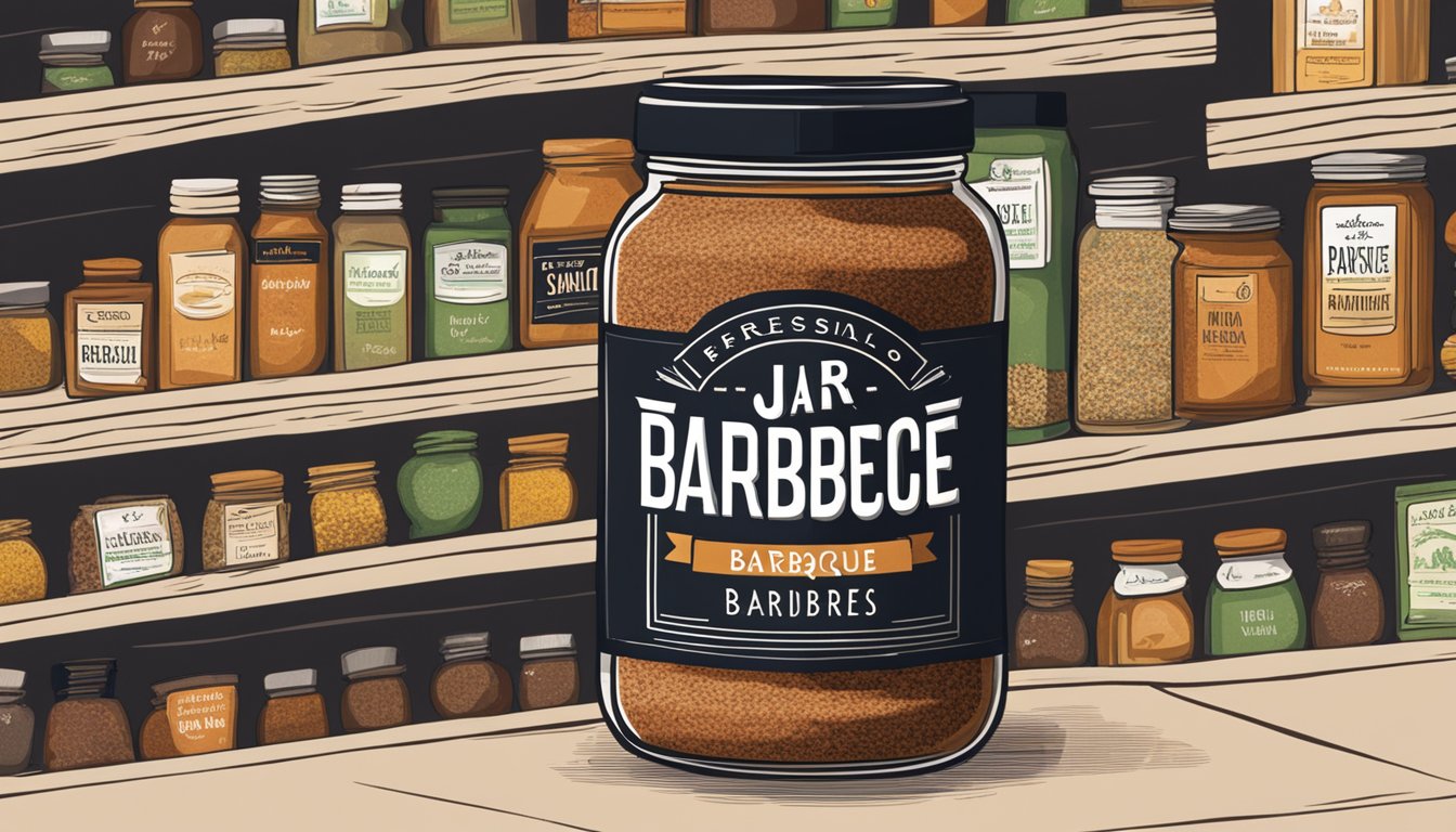 A jar of barbecue rub sits on a shelf, surrounded by various spices and seasonings. The label on the jar indicates the date of purchase, and the contents appear fresh and aromatic