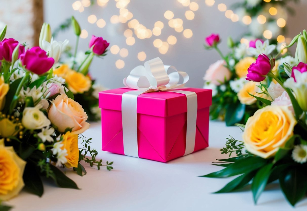 A beautifully wrapped gift box sits on a table, surrounded by flowers and wedding decorations