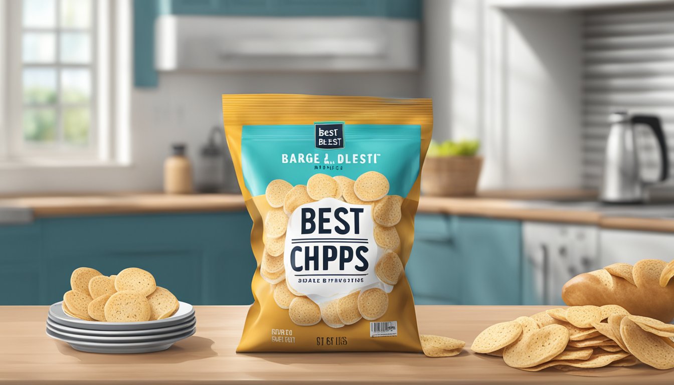 A bag of bagel chips sits on a kitchen counter, sealed and unopened, with a "best by" date printed on the packaging