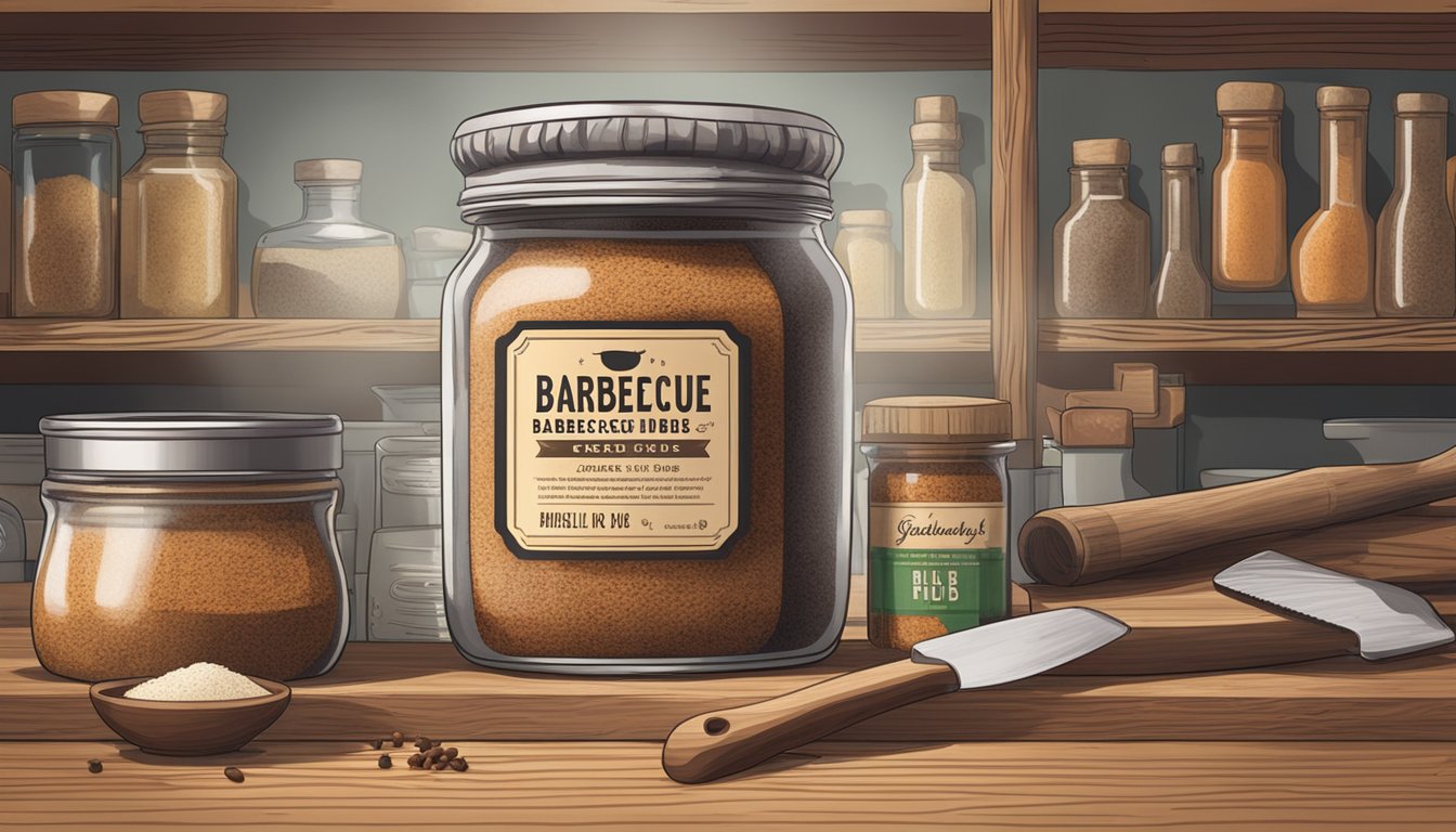 A jar of barbecue rub sits on a wooden shelf, surrounded by grilling tools and spices. The label is faded, indicating frequent use