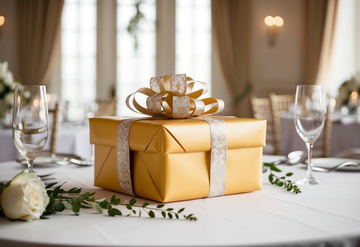 A beautifully wrapped gift sits on a table, surrounded by elegant wedding decor