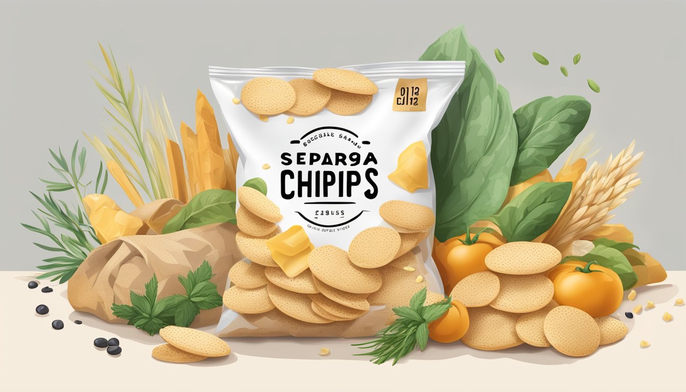 A clear, labeled expiration date on a bag of bagel chips, surrounded by a pile of fresh ingredients like sesame seeds and herbs