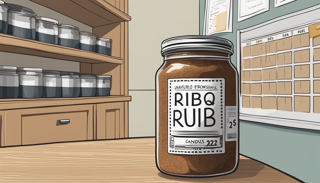 A jar of BBQ rub sits on a shelf next to a calendar. The label on the jar shows the expiration date crossed out, indicating it needs to be replaced