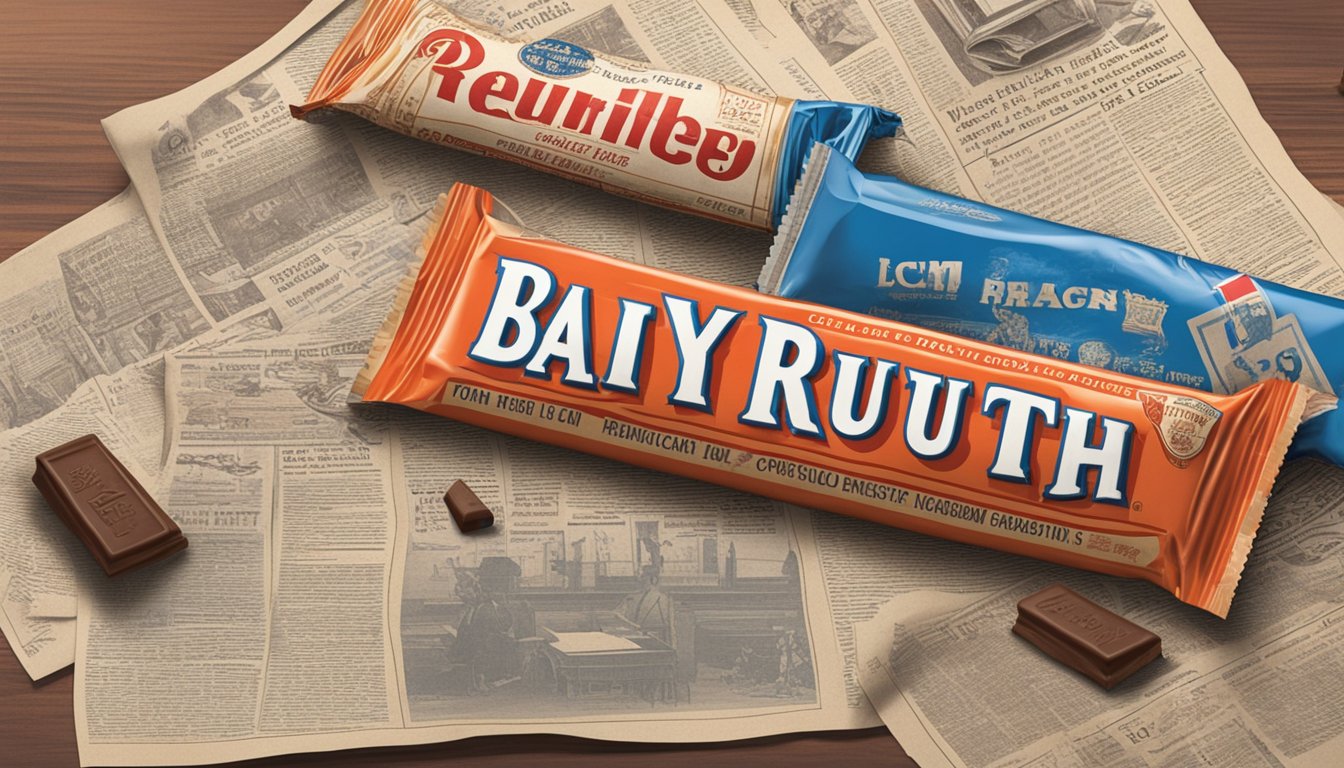 A Baby Ruth candy bar sits on a vintage countertop next to a newspaper clipping about its history