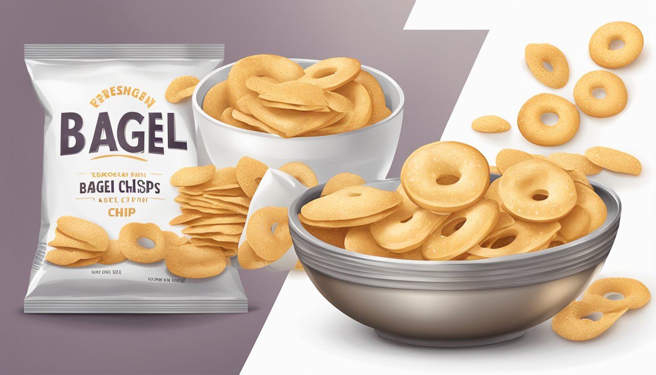 A bag of bagel chips with a clear expiration date on the packaging, alongside a bowl of freshly opened bagel chips