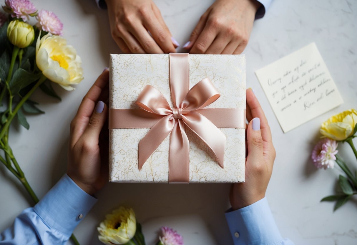 A pair of hands wrapping a delicate, ornate gift box with a ribbon and bow, surrounded by flowers and a handwritten note