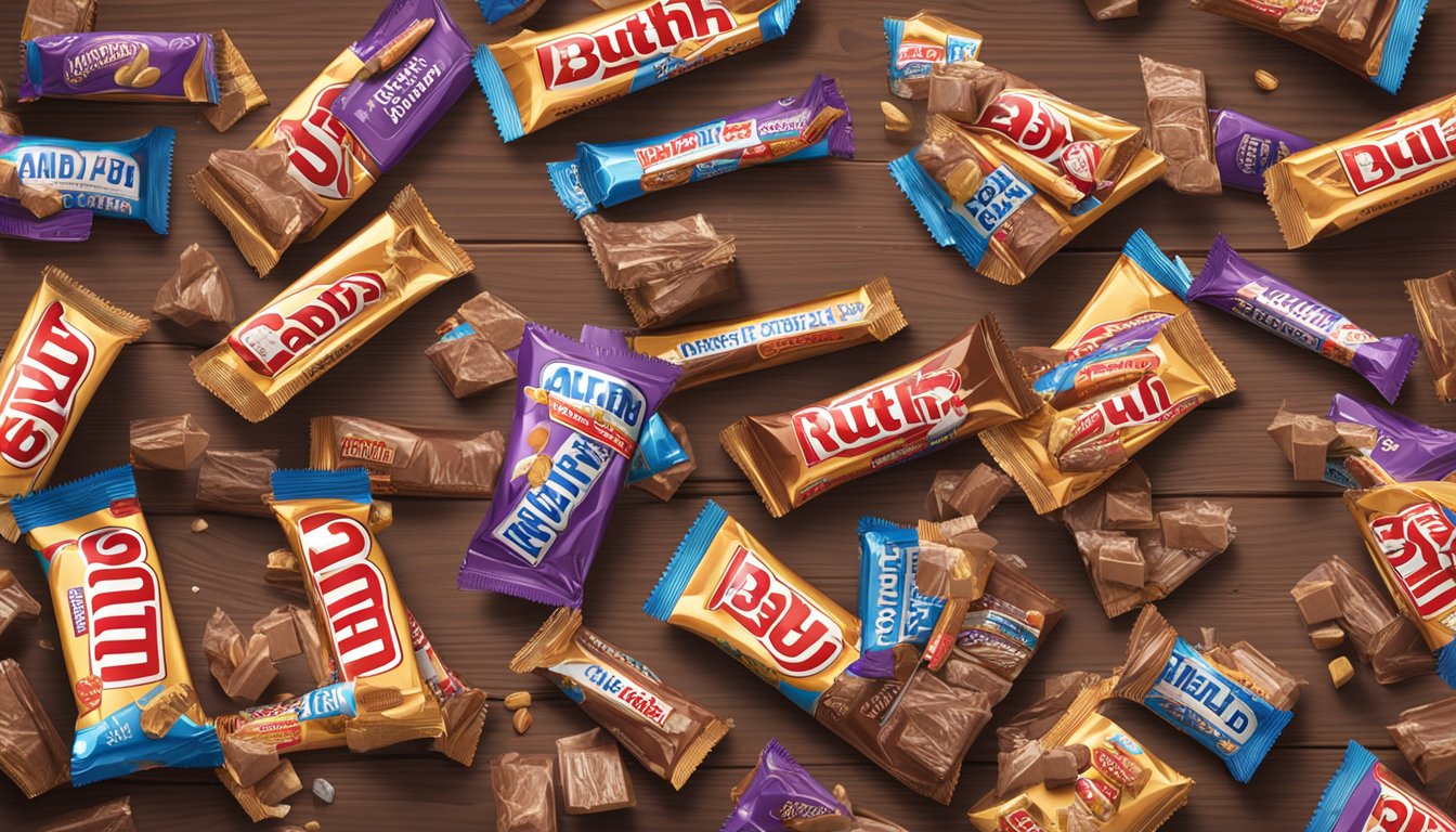 A pile of unwrapped Baby Ruth bars sits on a wooden table, surrounded by scattered candy wrappers