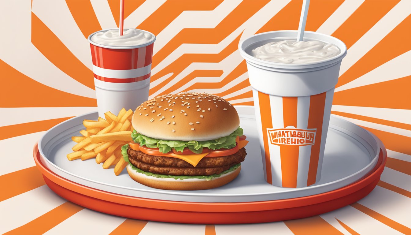 A classic Whataburger meal displayed on a bright red tray with fries and a drink, surrounded by the iconic orange and white branding