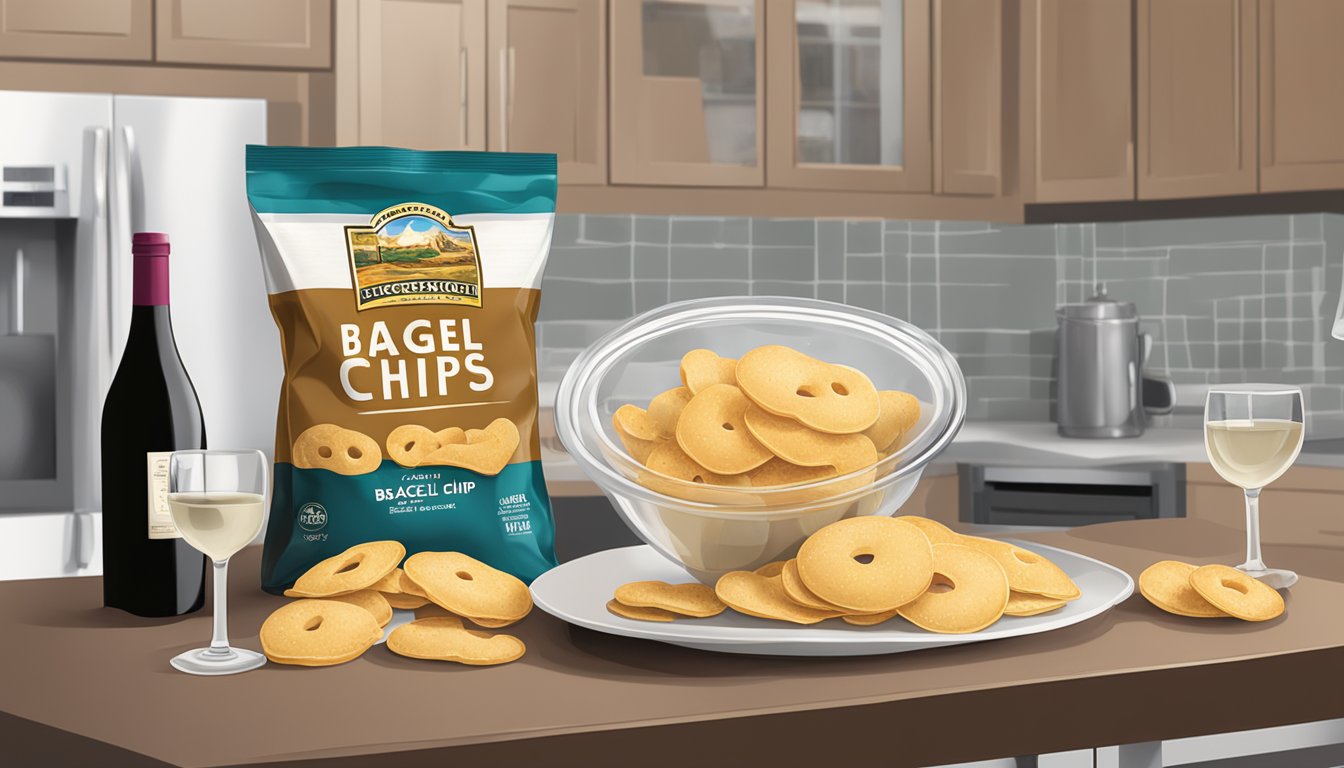 A bag of bagel chips sealed in a resealable bag, sitting on a kitchen counter next to a bowl of dip and a glass of wine