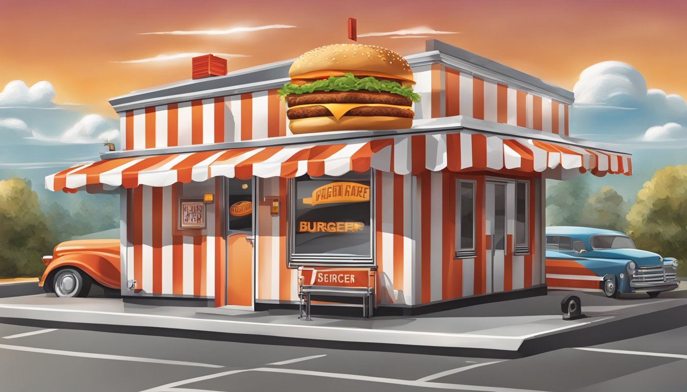 A classic red and white striped burger joint sign with a prominent orange "W" in the center