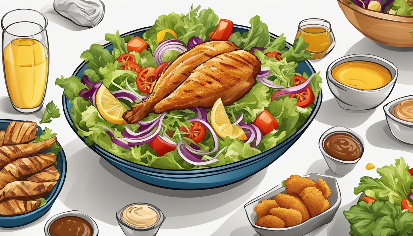 A colorful salad bowl with a variety of poultry options, such as grilled chicken and crispy chicken strips, surrounded by fresh vegetables and salad dressing