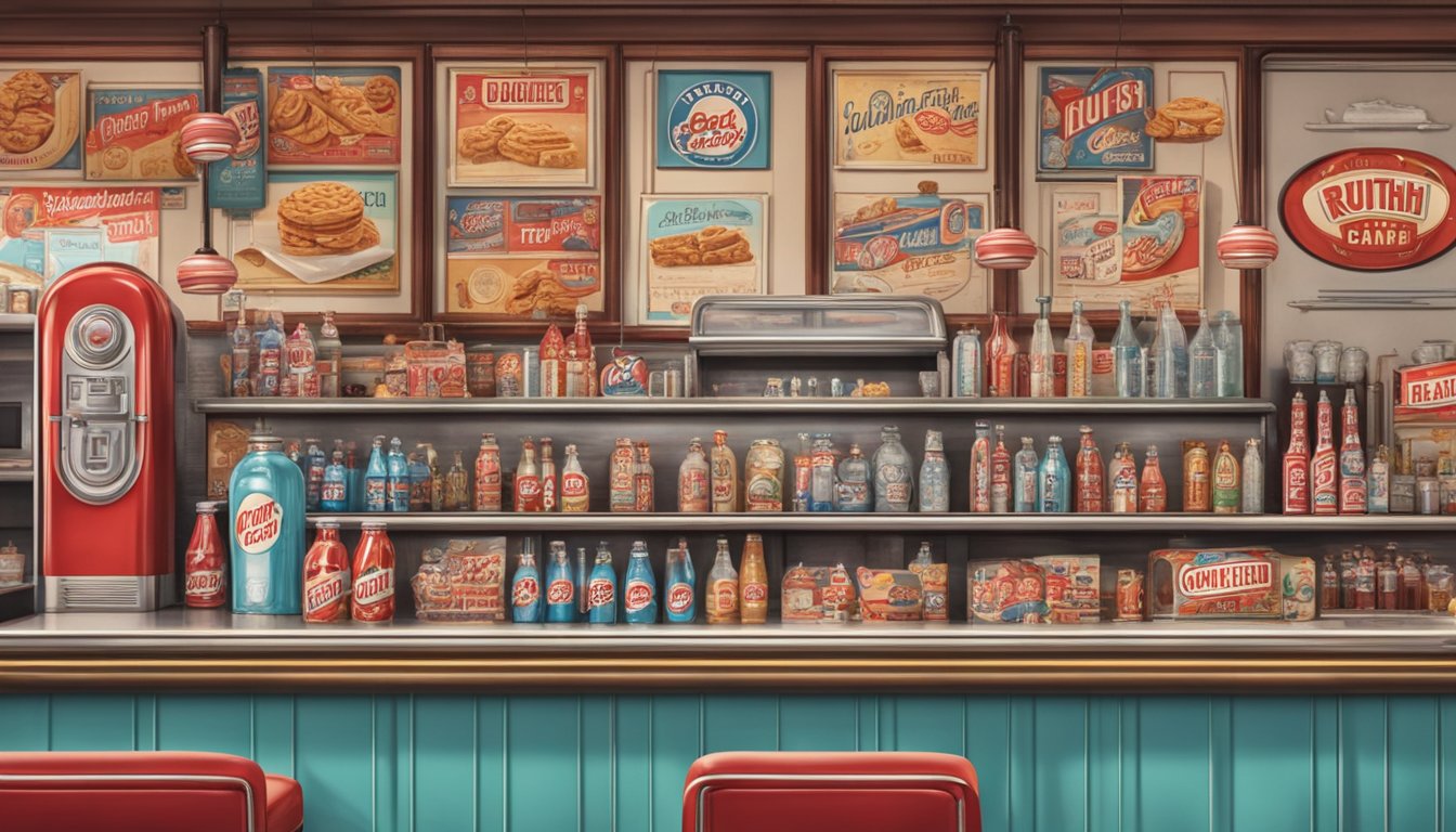 A Baby Ruth candy bar sits on a retro diner counter, surrounded by vintage soda bottles and memorabilia