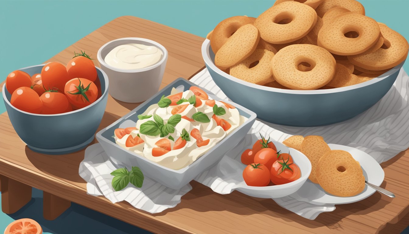 A bowl of bagel chips sits on a wooden serving board next to a spread of cream cheese and sliced tomatoes. A knife and small dish of garnish complete the scene