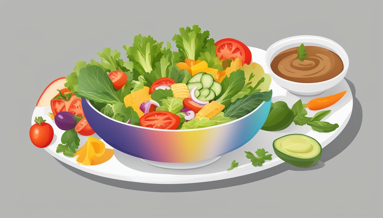 A colorful salad bowl surrounded by fresh vegetables and a side of dressing on a clean, white plate