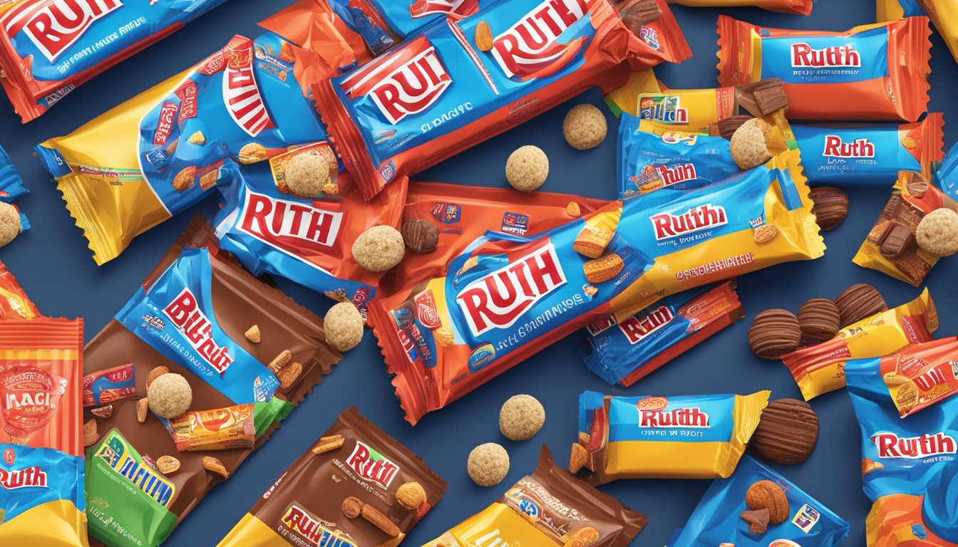 A Baby Ruth candy bar sits on a shelf, surrounded by various snacks. The packaging is vibrant and eye-catching, with the brand logo prominently displayed