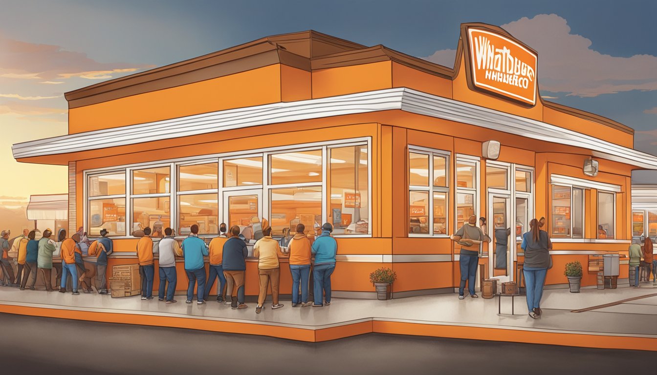 A bustling WhatABurger restaurant in Colorado, with a line of customers, employees at work, and the iconic orange and white color scheme