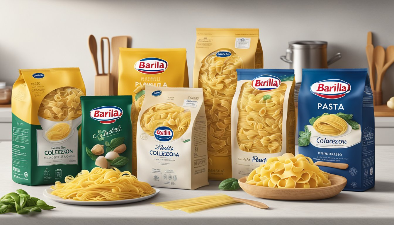 A package of Barilla Collezione Fresh Pasta sits unopened on a kitchen counter, surrounded by ingredients and cooking utensils