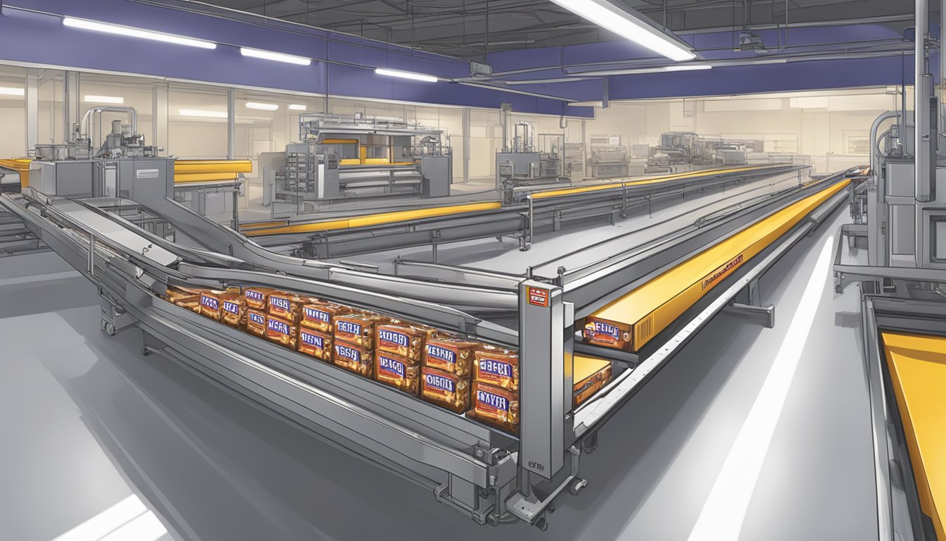 A factory conveyor belt moves Baby Ruth candy bars into packaging and distribution