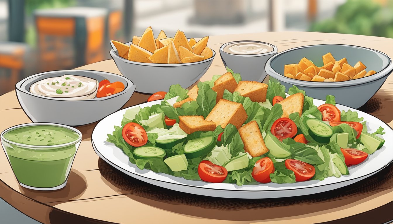 A colorful salad with fresh greens, tomatoes, cucumbers, and croutons arranged on a white plate with a side of dressing at a Whataburger restaurant