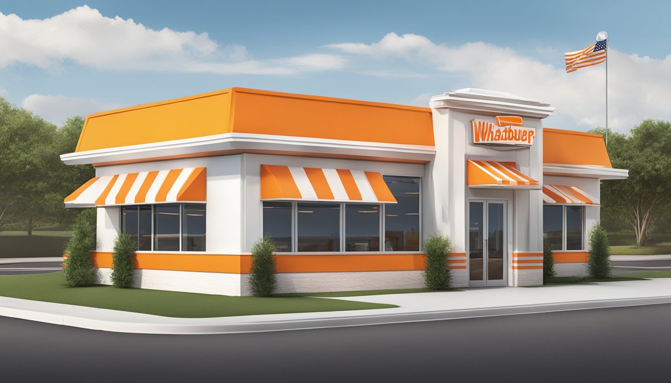 A classic Whataburger restaurant with the iconic orange and white stripes, a drive-thru, and the distinctive Whataburger logo on the building