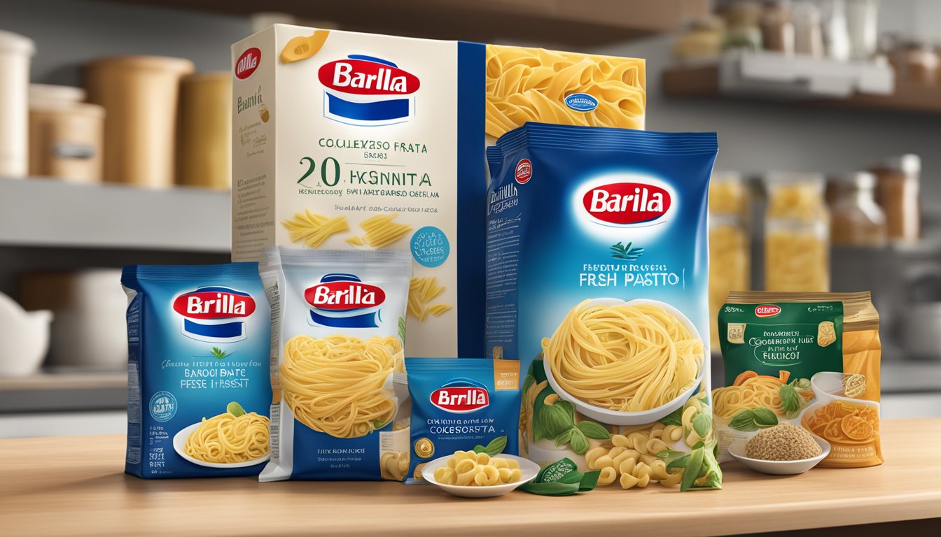 A package of Barilla Collezione Fresh Pasta sits unopened on a kitchen counter, surrounded by various pantry items