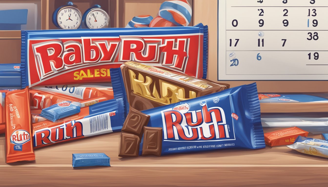 A Baby Ruth candy bar sits on a shelf next to a calendar showing the current date and a clock indicating the time