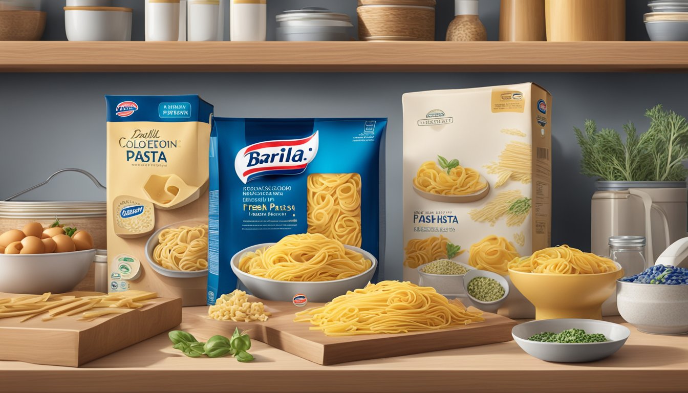 A package of Barilla Collezione Fresh Pasta sits on a kitchen shelf, surrounded by other pantry items. The packaging is unopened and displays the expiration date