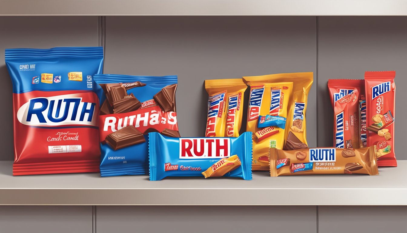 A Baby Ruth candy bar sits on a clean, organized shelf next to other snacks. The packaging is intact and the bar looks fresh and tempting