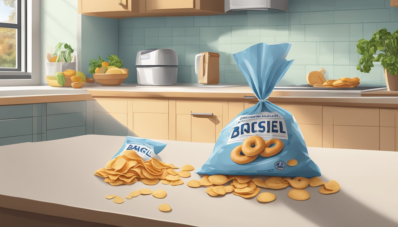 A bag of bagel chips sits on a kitchen counter next to an open pantry door. The bag is partially crumpled and there are a few chips scattered around