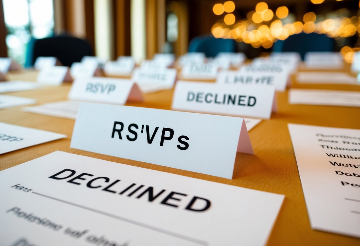 A table with multiple declined RSVPs and crossed-out names