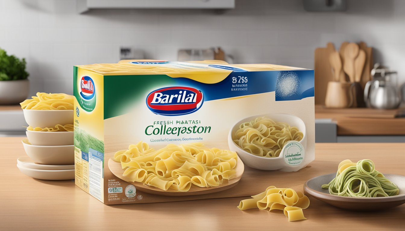 A package of Barilla Collezione Fresh Pasta sits on a kitchen counter, with visible signs of mold and discoloration, indicating spoilage