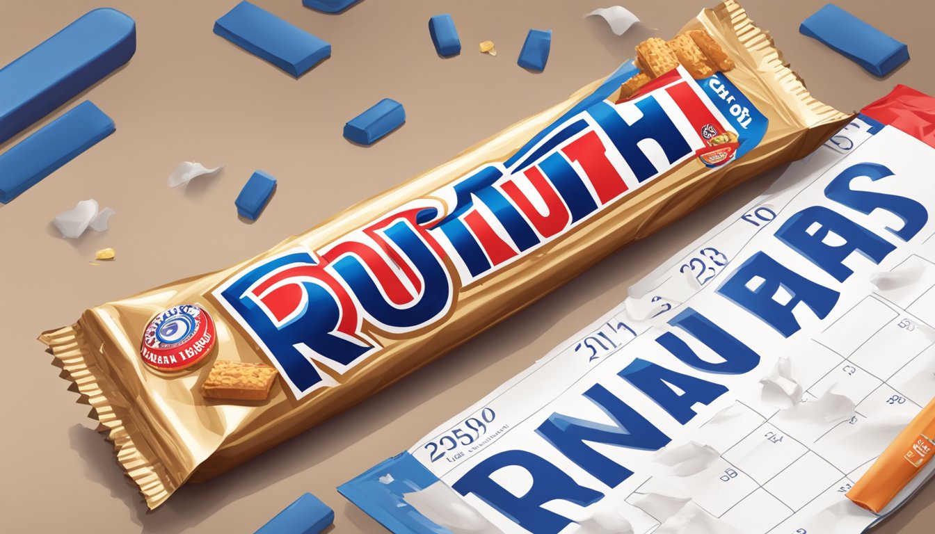 A Baby Ruth bar sits on a shelf next to a calendar, with one end of the wrapper slightly torn